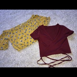 pair of crop tops, off shoulder & wrap crop tops